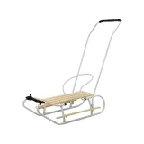 Białe sanki metalowe z pchaczem i oparciem na śniegu