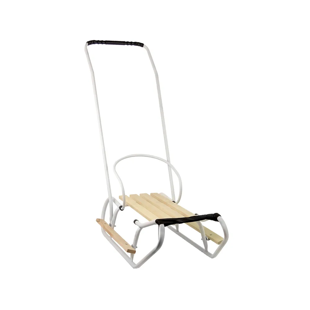 Bezpieczne sanki z pchaczem i demontowanym oparciem, idealne na zimę