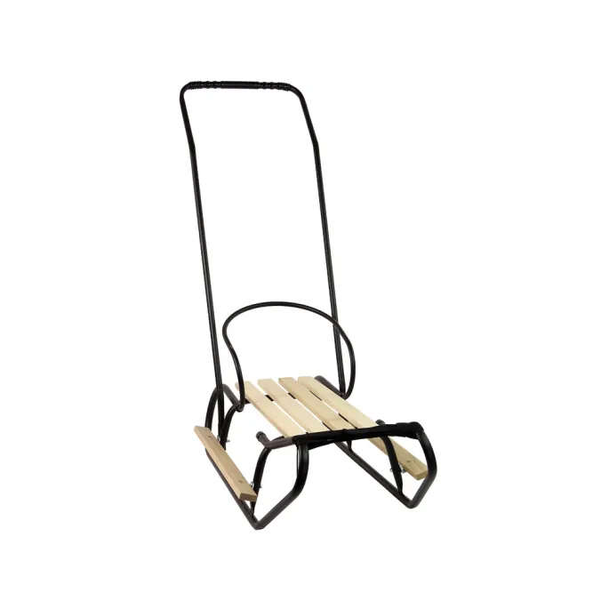 Drewniane siedzisko i pasek przy metalowych sankach dziecięcych