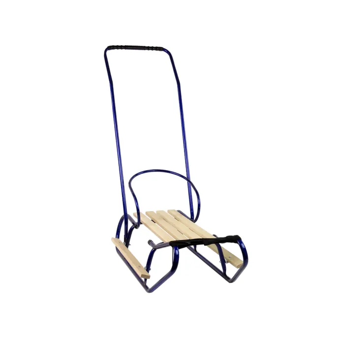 Wytrzymałe sanki dziecięce z metalową ramą i niebieskim paskiem