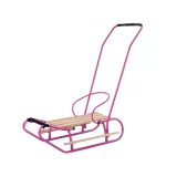 Różowe sanki metalowe z pchaczem i oparciem na zimowy spacer