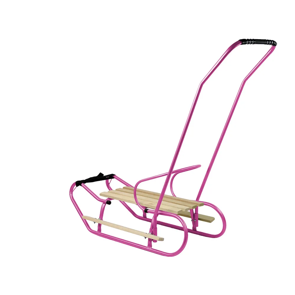 Bezpieczne różowe sanki z szerokimi płozami do zabawy na śniegu