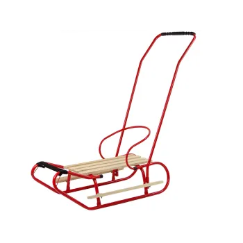 Czerwone metalowe sanki dziecięce z oparciem i pchaczem na śniegu