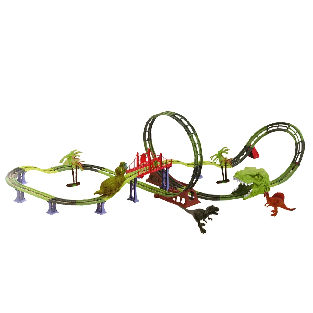 Dziecięcy zestaw torów kolejowych z interaktywnym dinozaurem i akcesoriami