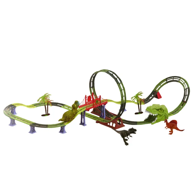 Dziecięcy zestaw torów kolejowych z interaktywnym dinozaurem i akcesoriami