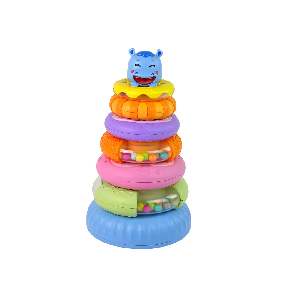 Piramidka z sześciu obręczy i uśmiechniętą figurką hipopotama na szczycie