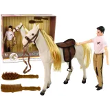 Lalka dżokej z białym koniem i akcesoriami do czesania