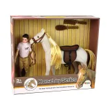 Figurka białego konia z długą grzywą i lalką dżokej w opakowaniu prezentowym