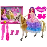 Lalka księżniczka z białym kucykiem i akcesoriami na tle opakowania