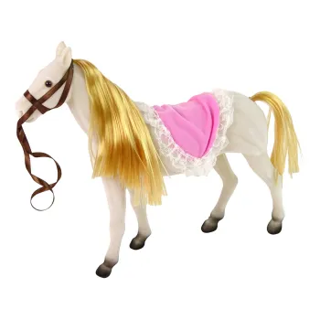 Lalka księżniczka w eleganckiej sukience stojąca przy kucyku