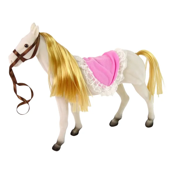 Lalka księżniczka w eleganckiej sukience stojąca przy kucyku