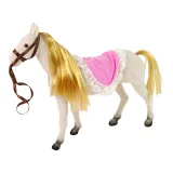 Lalka księżniczka w eleganckiej sukience stojąca przy kucyku