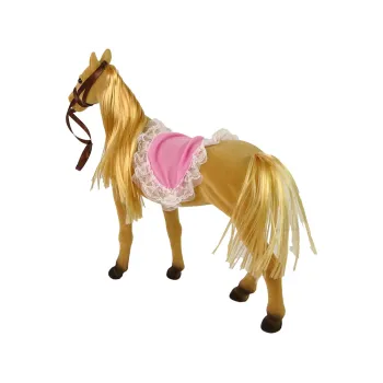 Jeździecka lalka stojąca obok konika na zabawkowej łące