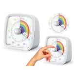 Minutnik z alarmem w białym kolorze z tęczowym pokrętłem na białym tle