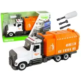 Pomarańczowa śmieciarka do rozkręcania dla dzieci na białym tle