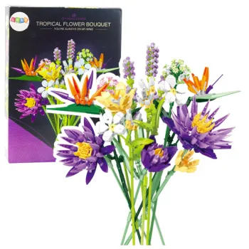 Bukiet kwiatów tropikalnych z klocków konstrukcyjnych, gotowy do ekspozycji