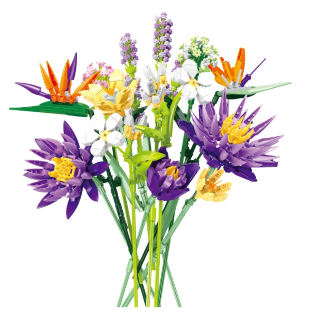 Elementy zestawu klocków do budowy tropikalnych kwiatów na białym tle