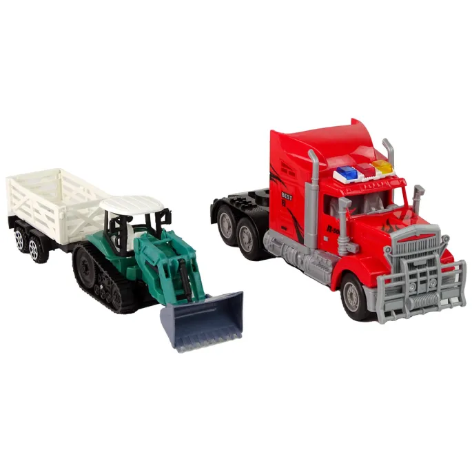 Koparka z przyczepą z zestawu R/C na tle budowlanych akcesoriów