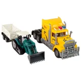 Koparka na gąsienicach zamocowana na przyczepie żółtej lawety