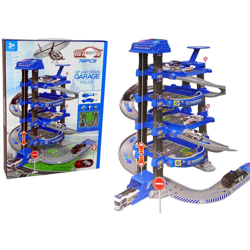Czteropoziomowy policyjny parking z autkami i samolotem dla dzieci