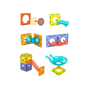 Widok kolorowej konstrukcji z kulkami i świecącymi elementami LED