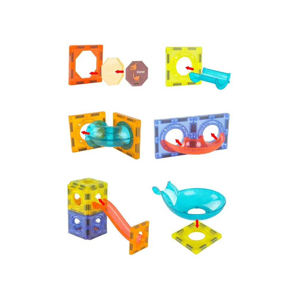 Widok kolorowej konstrukcji z kulkami i świecącymi elementami LED