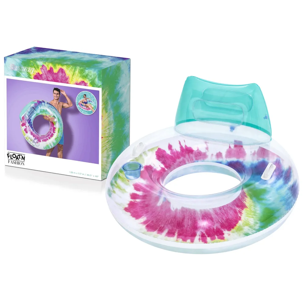 Dmuchane koło do pływania tie dye Bestway 118 cm na tle błękitnej wody