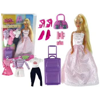 Lalka dla dzieci z długimi blond włosami i ubraniami oraz walizką