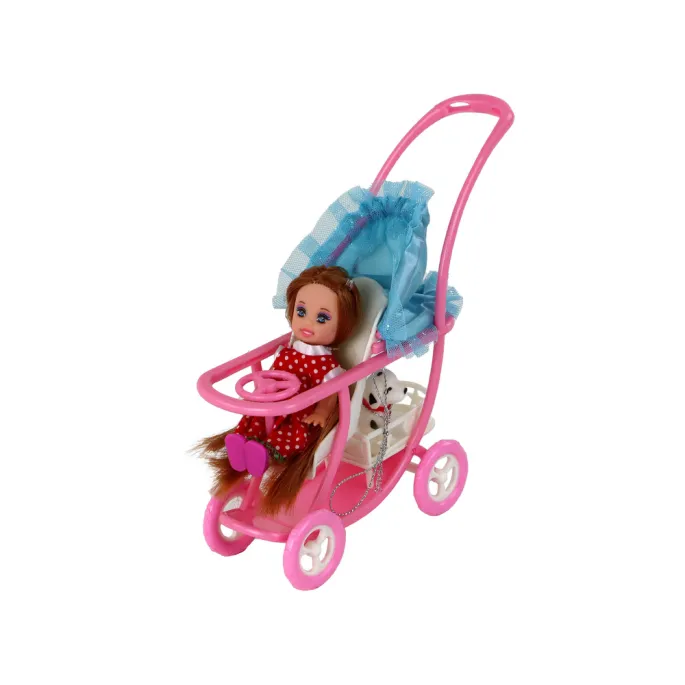 Różowy wózek z niebieskim daszkiem do przewożenia lalek