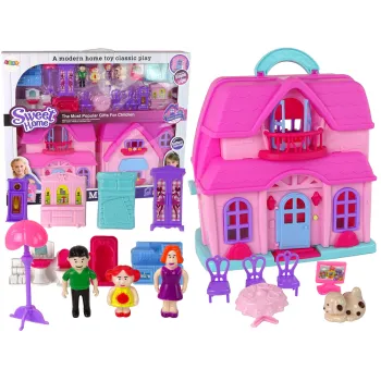 Różowy domek dla lalek z bogatym zestawem mebelków i figurek