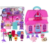 Różowy domek dla lalek z bogatym zestawem mebelków i figurek