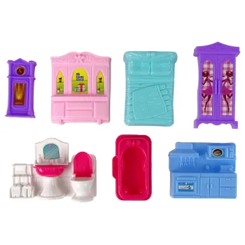 Zbliżenie na szczegóły różowego domku dla lalek i wyposażenia