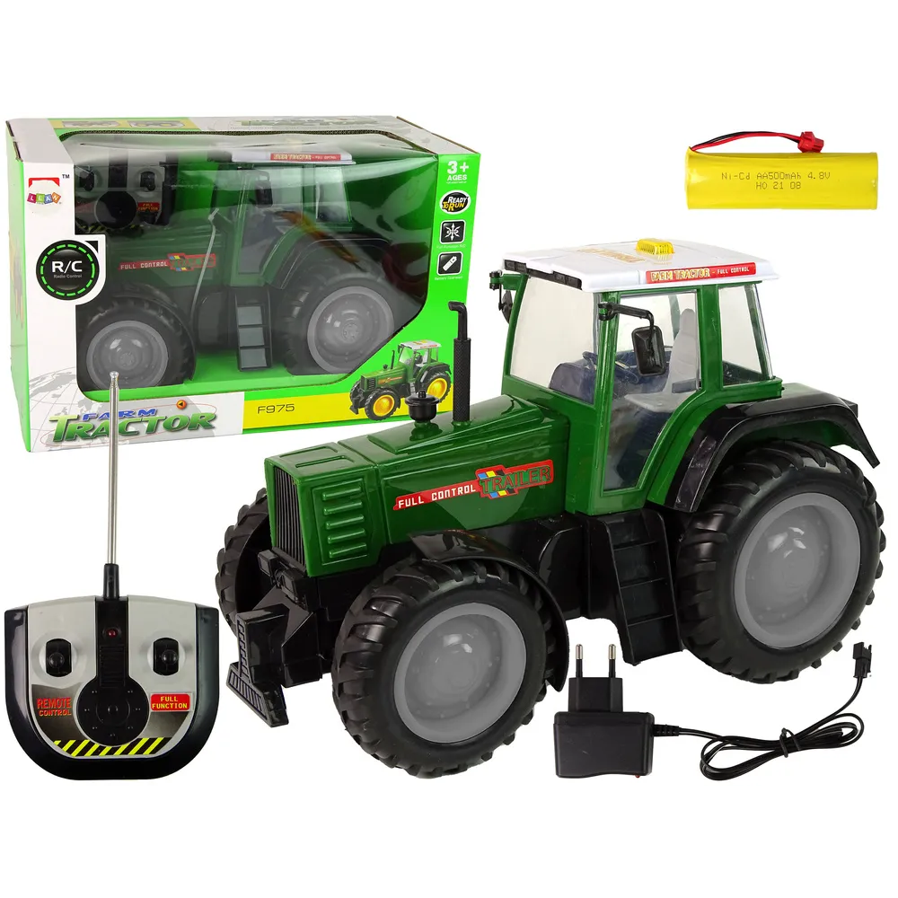 Zielono-czarny traktor R/C o długości 38 cm na białym tle