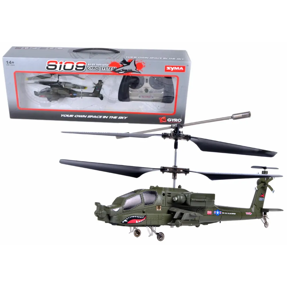Zielony helikopter SYMA S109G RC na tle białym