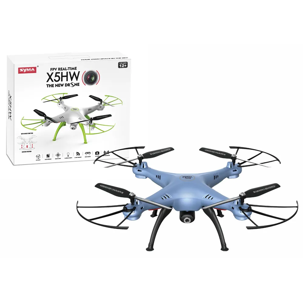Niebieski dron X5HW SYMA podczas lotu na tle nieba