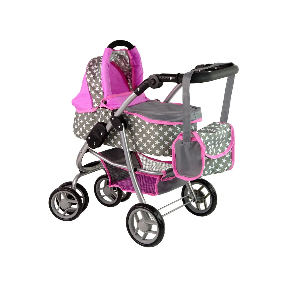 Wózek dla lalek do 40 cm, ozdobiony różowymi gwiazdkami