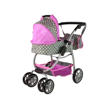 Wózek 2w1 dla lalek z wygodną rączką i szarym materiałem w gwiazdki