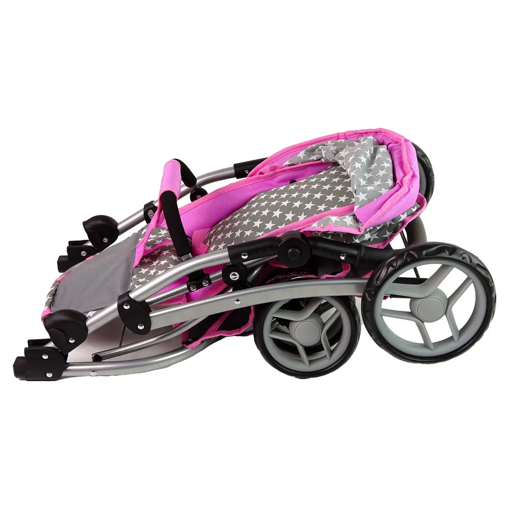 Różowa spacerówka dla lalek z ozdobnym motywem gwiazdek