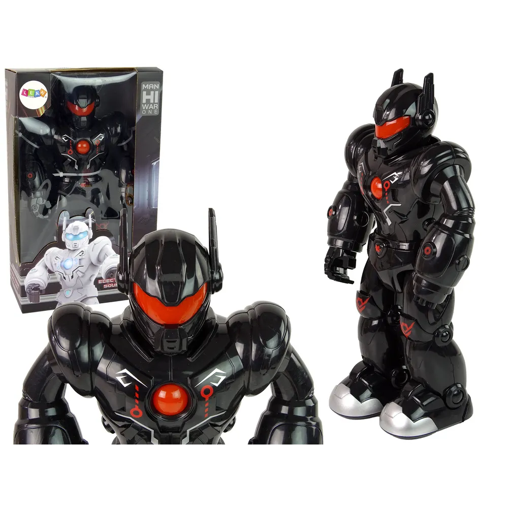 Czarny robot interaktywny dla dzieci chodzący z efektami świetlnymi