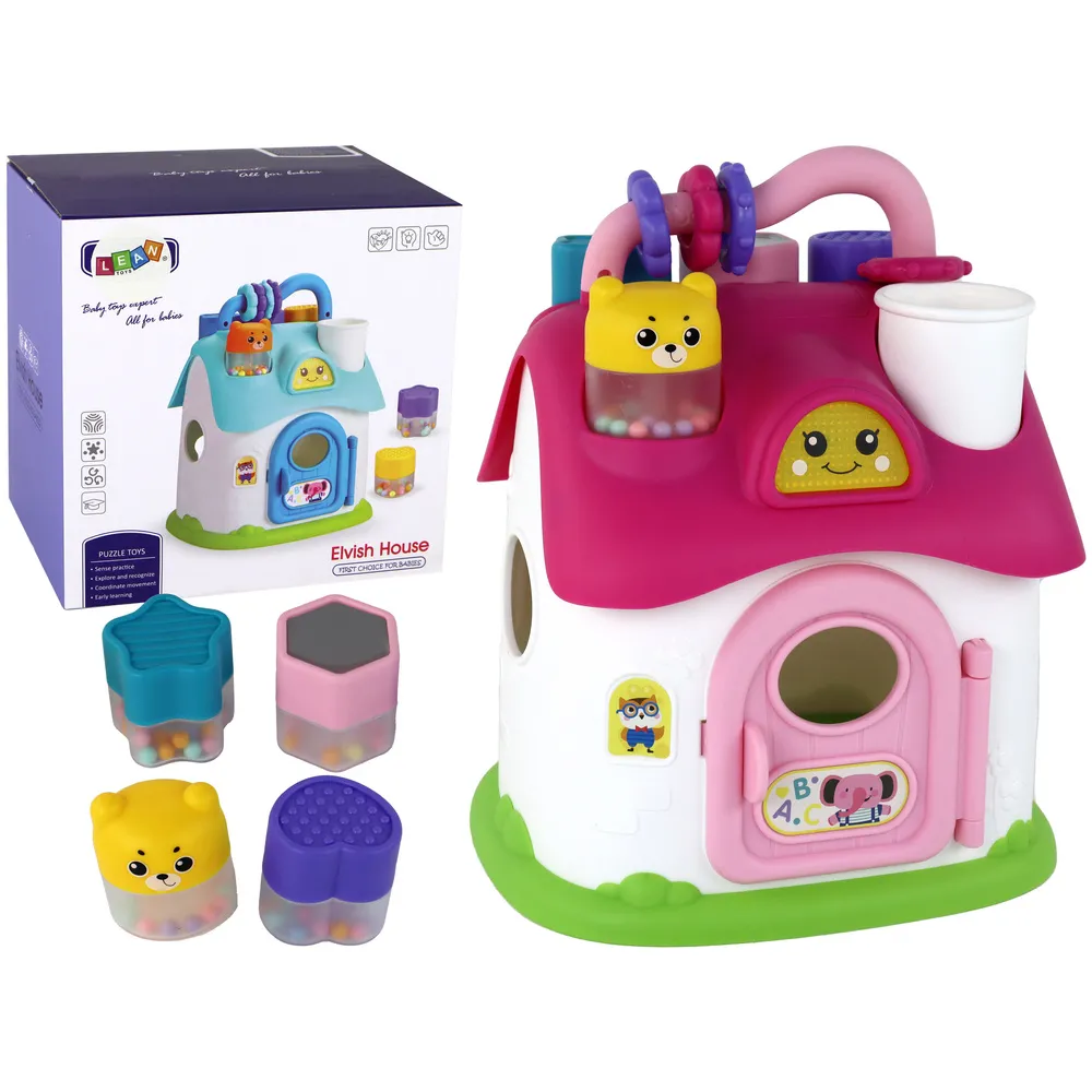 Różowy domek sorter dla dzieci z figurkami do sortowania kształtów
