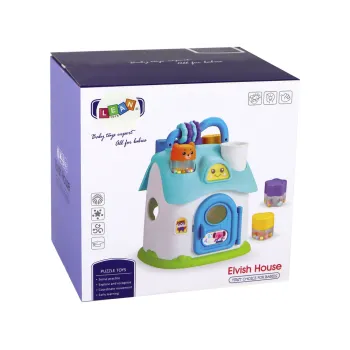 Elementy zestawu: różowy domek, kuleczki, pierścienie – zabawka edukacyjna