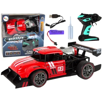 Czerwone auto RC sportowe w skali 1:16 z efektem pary wodnej