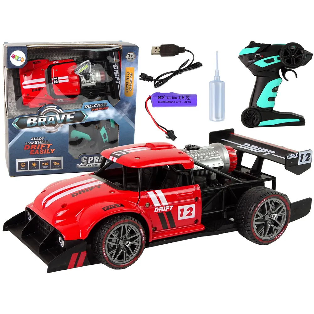 Czerwone auto RC sportowe w skali 1:16 z efektem pary wodnej
