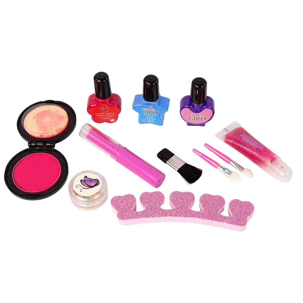 Bezpieczny zestaw do makijażu z cieniami, błyszczykami i lakierami