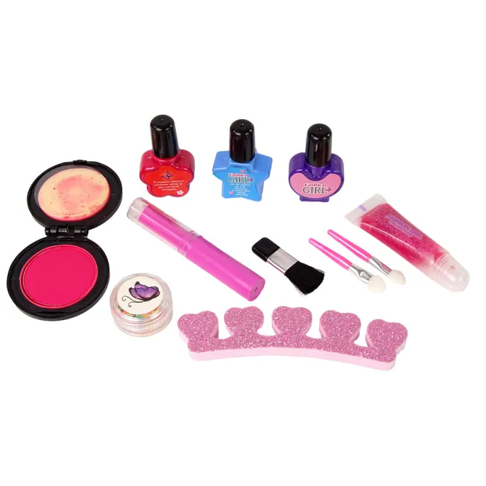 Bezpieczny zestaw do makijażu z cieniami, błyszczykami i lakierami