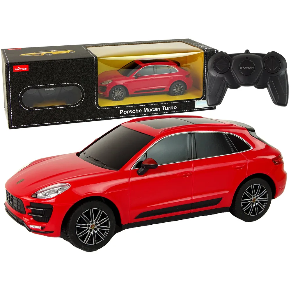 Czerwony samochód R/C Porsche Macan Turbo 1:24 widok z boku