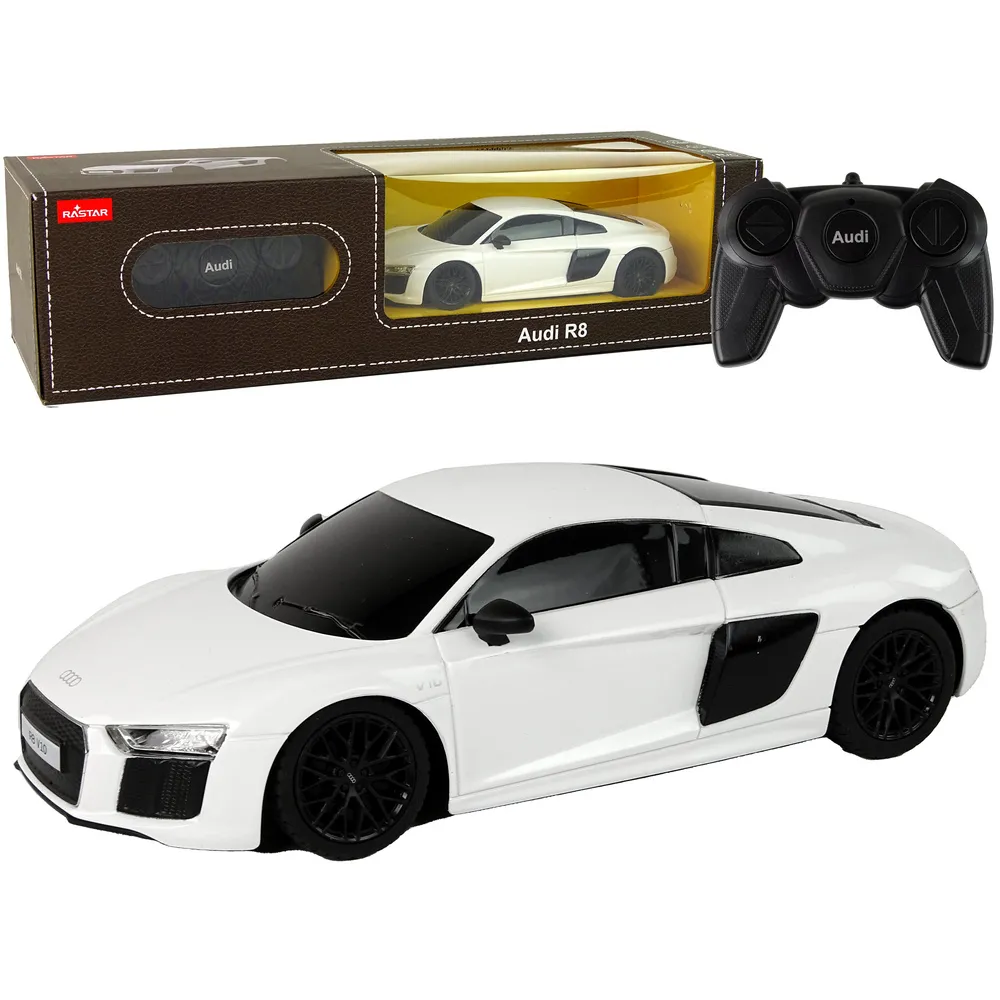 Białe auto R/C Audi R8 marki Rastar w skali 1:24 z przodu