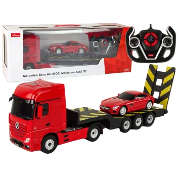 Czerwona laweta Mercedes-Benz 1:26 z autkiem na platformie