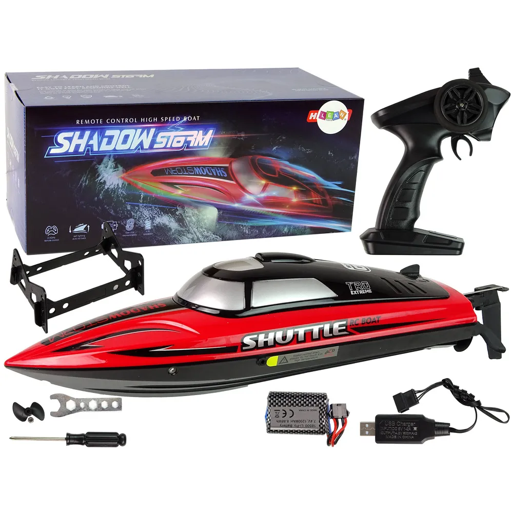 Czerwona motorówka R/C 2,4G poruszająca się po wodzie z prędkością 25 km/h