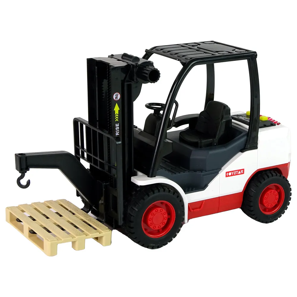 Realistyczny wózek widłowy zabawkowy z ruchomym widelcem dla małych operatorów